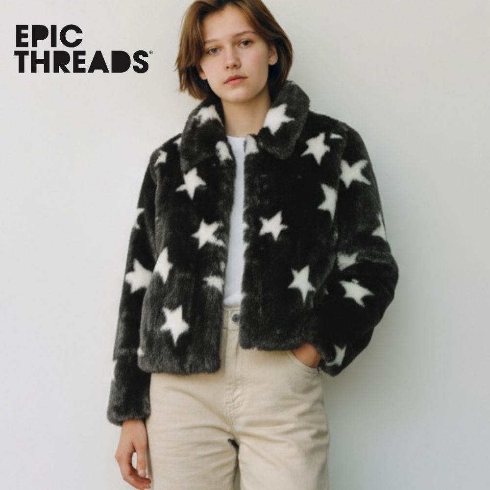 Epic Threads Big Girls Faux Fur Star Jacket Coat Black White Stars Whimsigoth XL